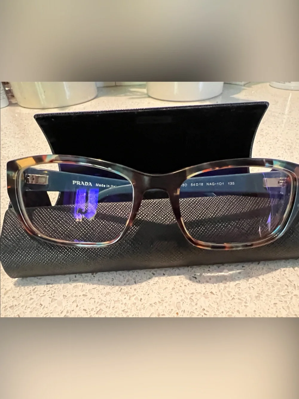 Prada Women’s Modified Cateye Tortoiseshell Front with Blue Temples Eyeglasses